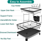 2-Tier Dish Drying Rack for Kitchen Counter,Space-Saving Dish Rack with Drainboard,Rustproof Countertop Dish Drainer with Utensil Holder for Sink,Black