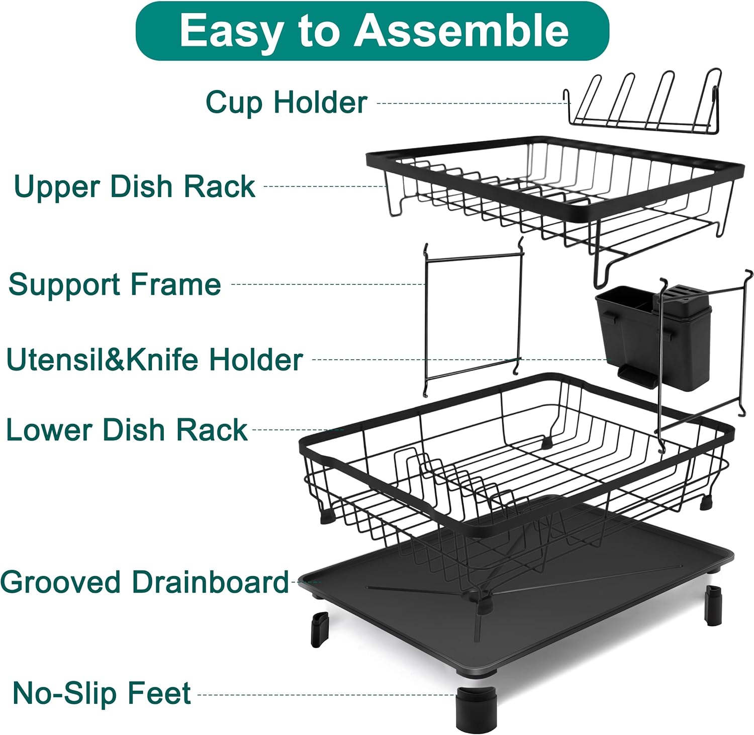 2-Tier Dish Drying Rack for Kitchen Counter,Space-Saving Dish Rack with Drainboard,Rustproof Countertop Dish Drainer with Utensil Holder for Sink,Black