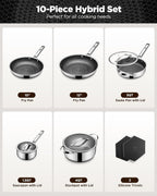 Pots and Pans Set Hybrid Stainless Steel, 10PC Nonstick Tri-Ply Cookware Set w/Frying pan, Dishwasher & Oven Safe, PFOA-Free, Metal Utensil Safe, Suitable for All Cooktops