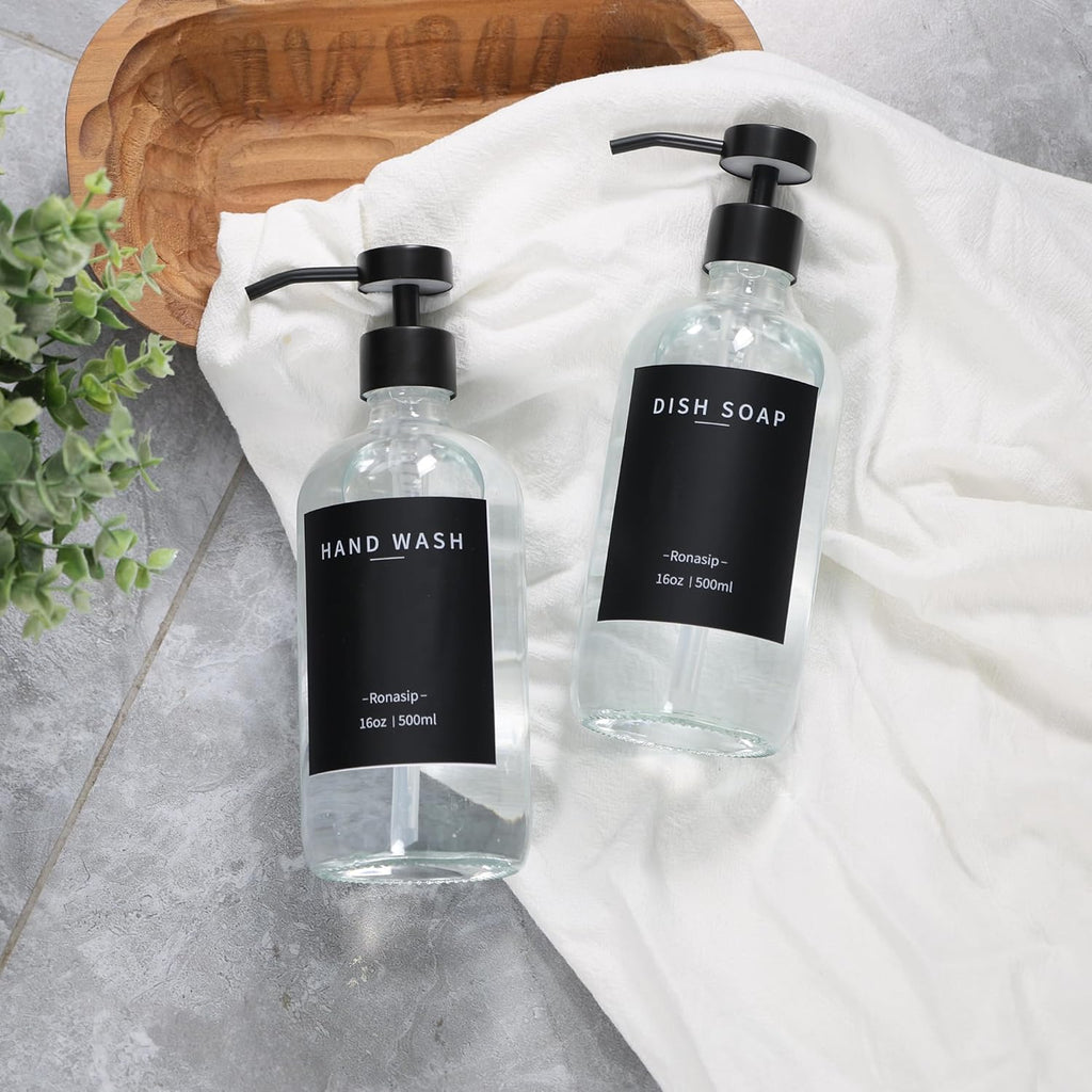 Set of 5 Kitchen Soap Dispenser Set 16 Oz Glass Hand Dish Soap Dispenser with Stainless Steel Pump, Cement Tray, Dish Scrub Brush for Farmhouse Rustic Home Bathroom Decor (Transparency)