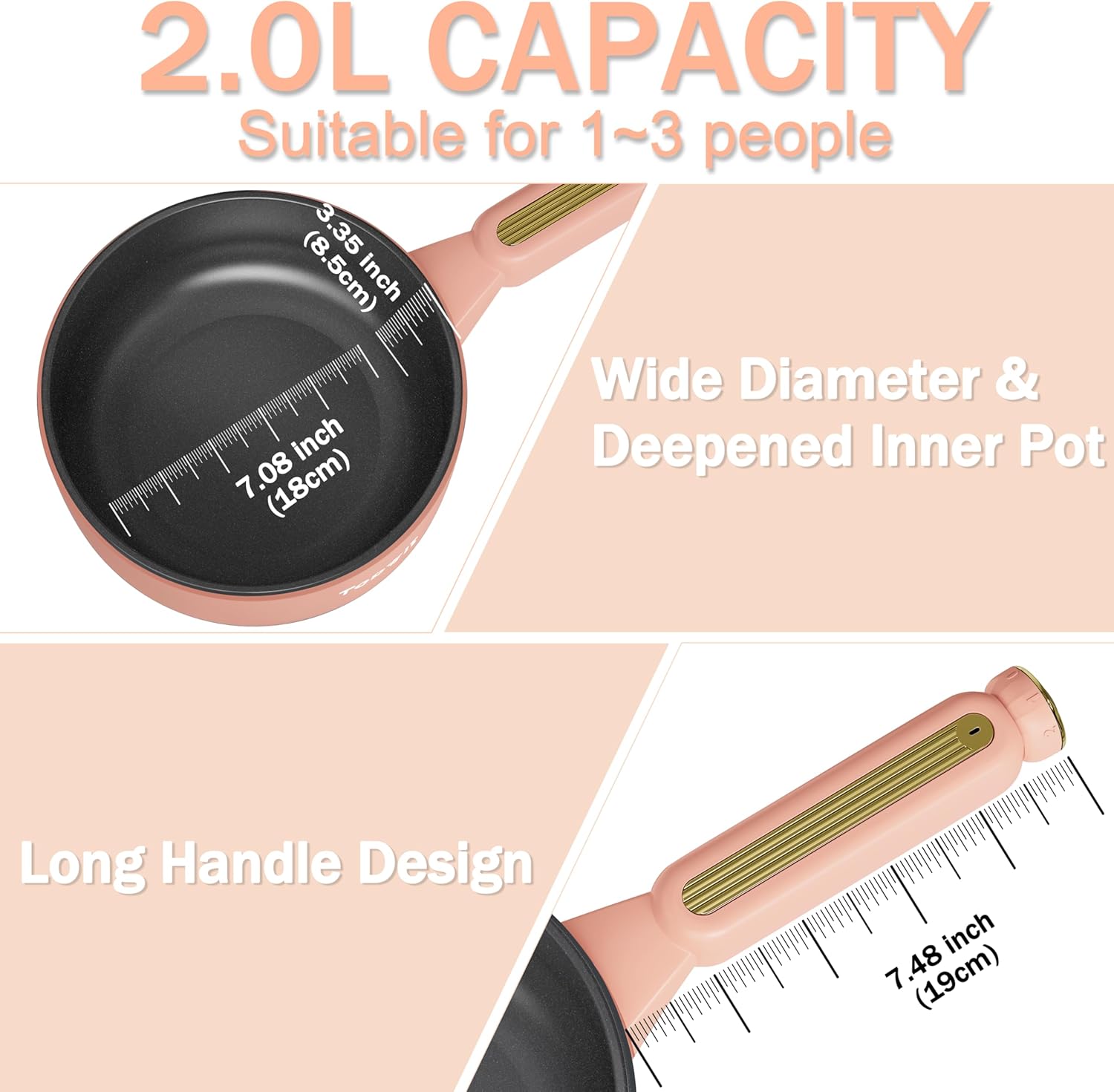 TOPWIT Hot Pot Electric, 𝟐𝐋 Electric Pot, Non-Stick Portable Cooker, Portable Hot Pot, Sauté Pan for Steak, Egg, Fried Rice, Ramen, Soup with Dual Power Control (Silicone Spatula Included), Peach
