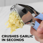 Zulay Kitchen Comfort Grip Garlic Press - Garlic Mincer Tool - Garlic Crusher - Garlic Press Mincer Rust Proof, with Soft Ergonomic Handle, Easy Clean Set with Peeler and Brush - Baby Blue