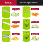 Fullstar Mandoline Slicer for Kitchen, Fruit Cutter, Cheese Grater, Cucumber Slicer, Veggie Spiralizer, Food Cutter & Kitchen Gadgets with Safety Glove (6 in 1, Gray/Green)