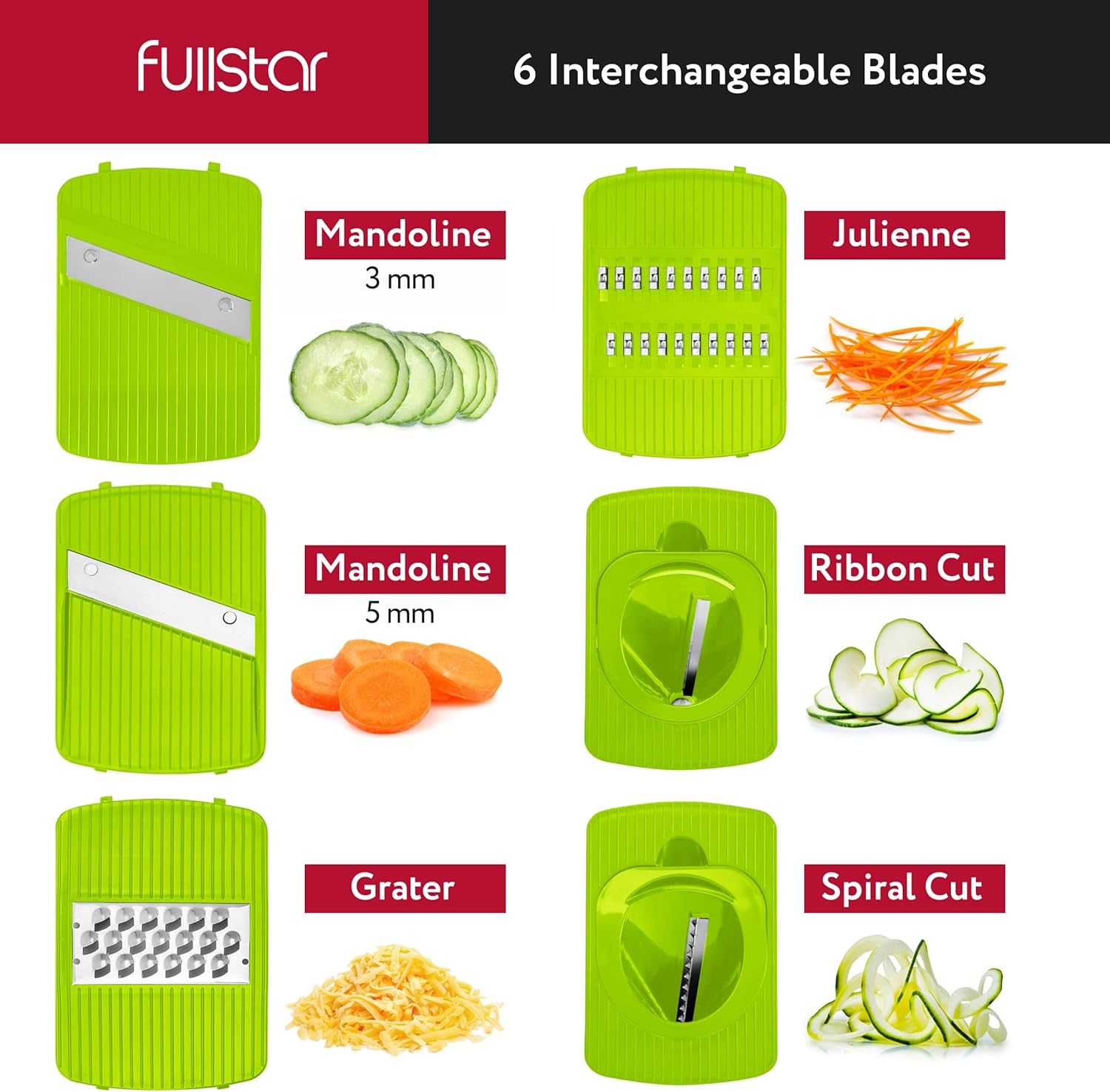 Fullstar Mandoline Slicer for Kitchen, Fruit Cutter, Cheese Grater, Cucumber Slicer, Veggie Spiralizer, Food Cutter & Kitchen Gadgets with Safety Glove (6 in 1, Gray/Green)