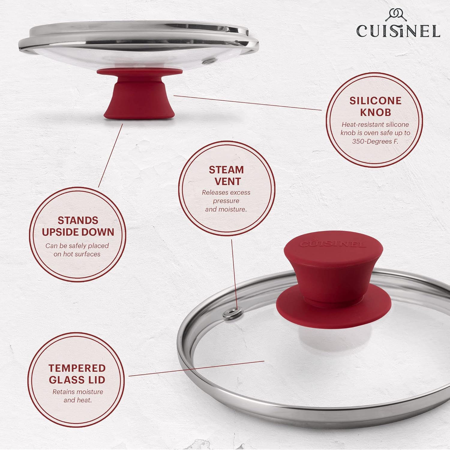 Cuisinel Glass Lid with Steam Vent Hole - 6"-Inch/15.24cm - Compatible with Lodge Cast Iron Skillet Pan - Fully Assembled Universal Replacement Cover - Tempered, Oven Safe - Reinforced Stainless Rim