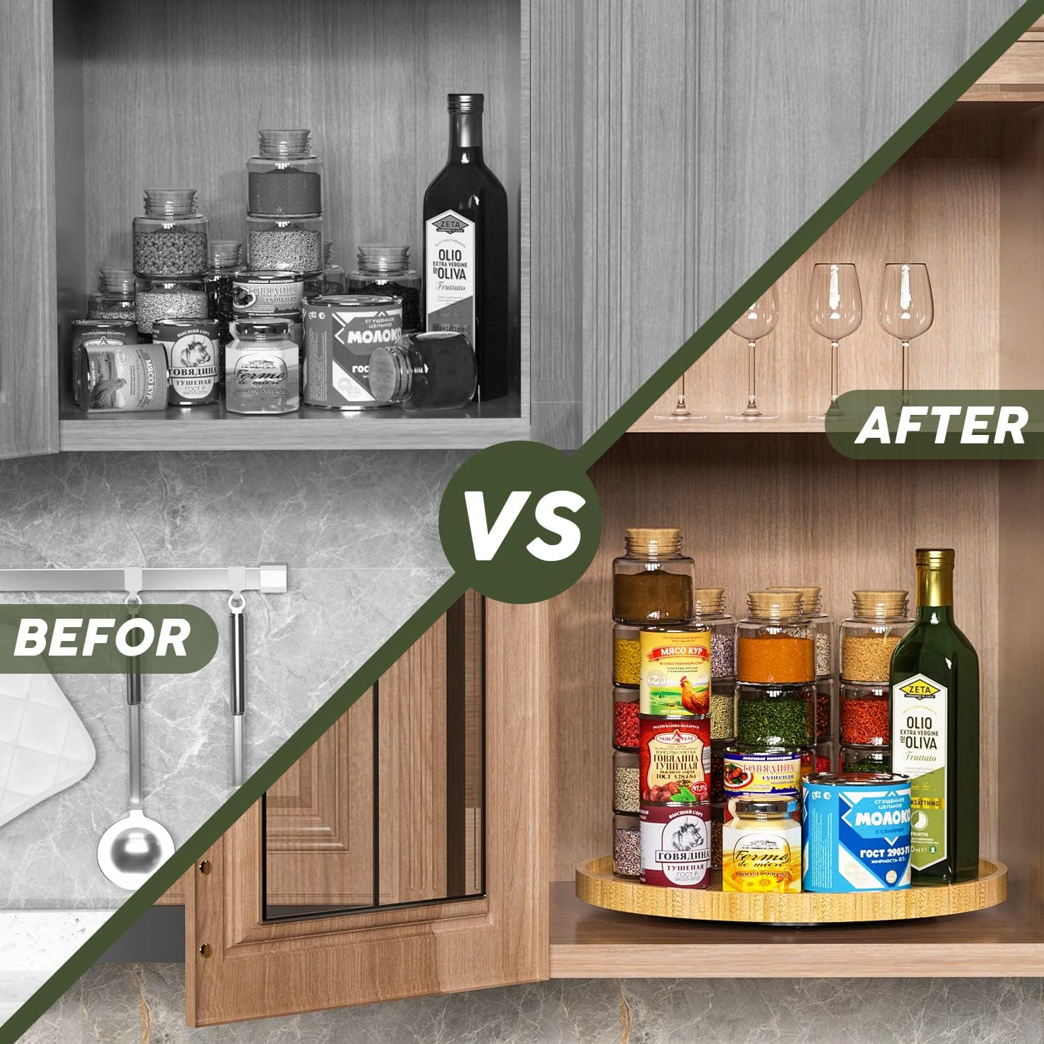 Lazy Susan Organizer, 13.2 Inch Non-Skid Bamboo Lazy Susan for Kitchen Table cabinets Closets and Kitchen Islands, Wood Turntable for Kitchen Countertop Organizer