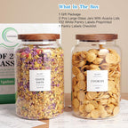 Set of 2 Large Glass Flour and Sugar Containers with 132 Pantry Labels - Glass Food Storage Jars with Airtight Bamboo Lid for Flour Pasta Candy Coffee Cookie and More(1 Gallon/4000 ml)