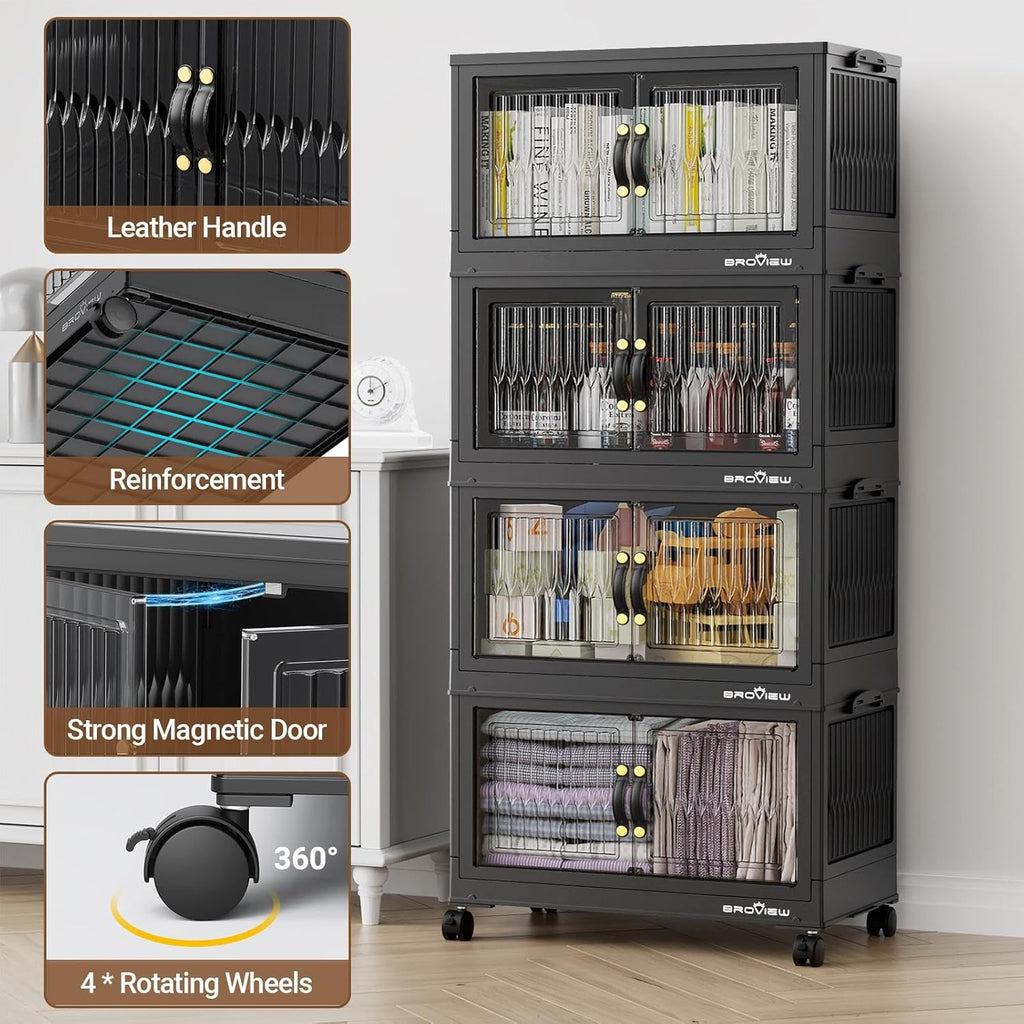 300Qt Stackable Storage Bins with Lid, Extra Large Closet Organizer Collapsible Drawer Boxes with Wheels, Folding Plastic Cabinet Containers for Home Kitchen Room Organization, 5Pack Black