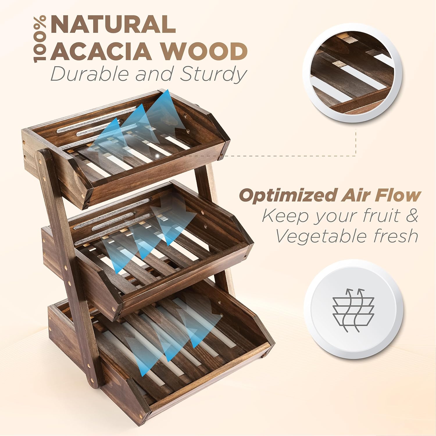 Fruit Basket, Fruit Bowl, 2 Tier Fruit Basket for Kitchen, Fruit Stand Storage Holder, Heavy Duty/Multipurpose/Large Capacity for Fruit, Vegetables, Bread Storage (Walnut, 3 Tier)