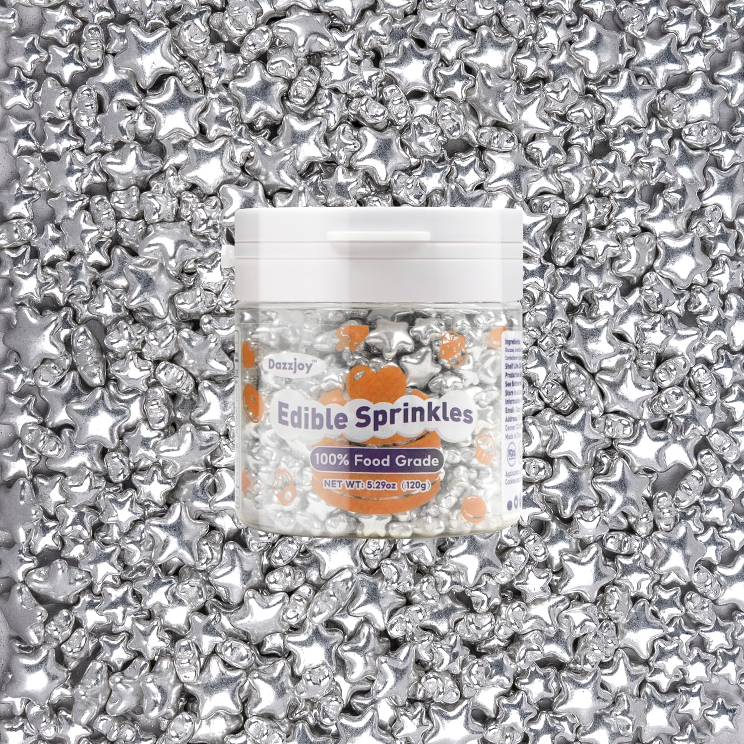 Dazzjoy Edible Silver Star Sugar Sprinkles, 4.23oz, Mix Size, Candy Star Sprinkles for Cake Decorations and Cupcake Toppers, Ice Cream, Wedding Party Valentines Easter Supplies