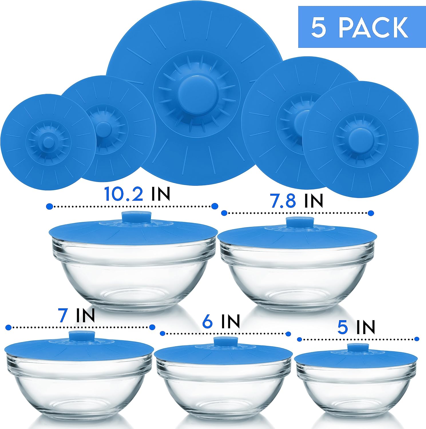 Silicone Bowl Lids Blue Set of 5 Reusable Suction Seal Covers for Bowls, Pots, Cups. Food Safe. Natural grip, interlocking handles for easy use and storage.