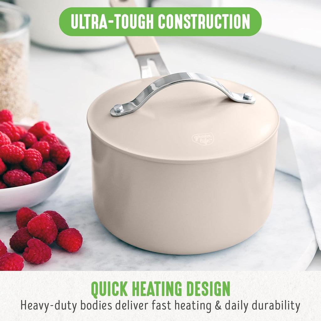 GreenLife 2 Quart Nonstick Saucepan with Lid, Lightweight Healthy PFAS-Free Milk Pan, Dishwasher & Oven Safe Soup Pan, Durable Body, Silicone Stay-Cool Handle, Easy Release Chef’s Pan, Taupe