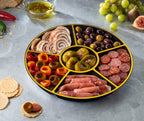 Plasticpro 6 Sectional Round Plastic Serving Tray/Platters Black & Gold Pack of 8