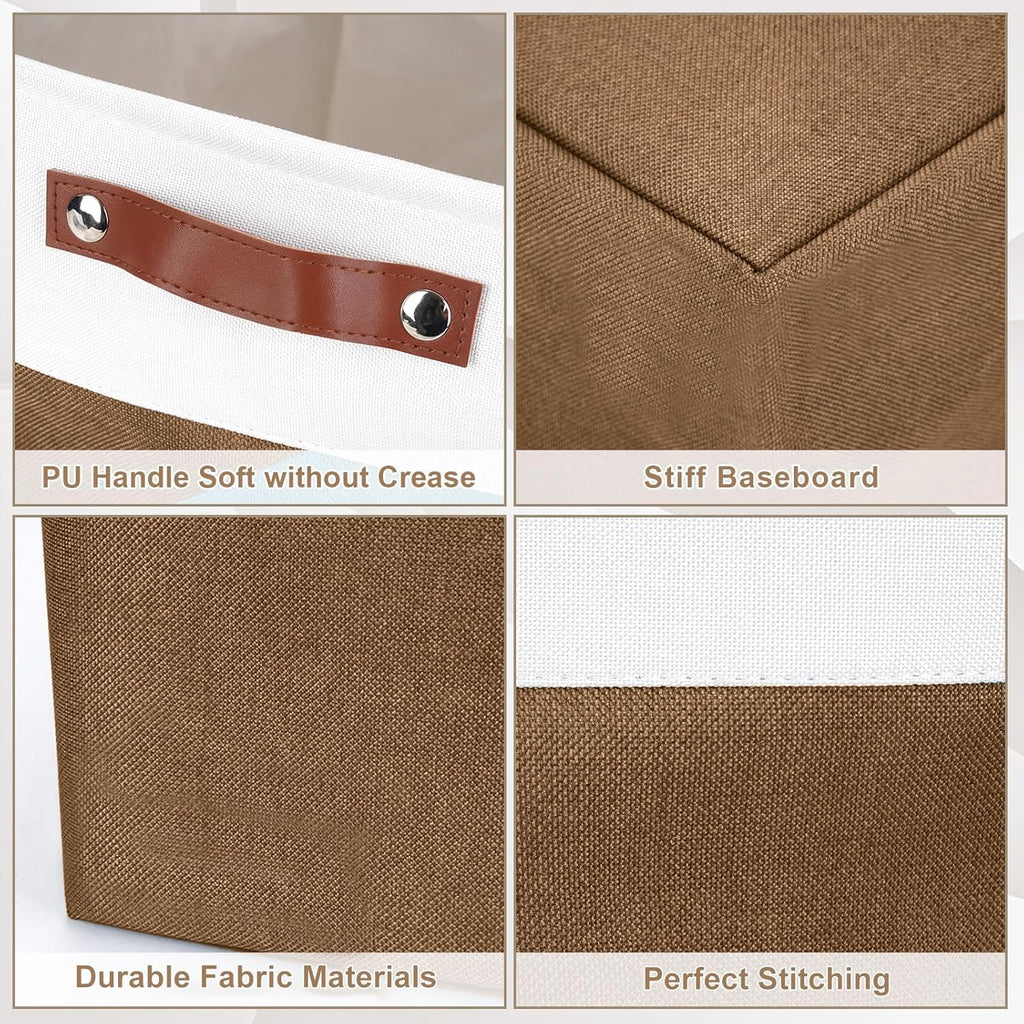 13x13 Cube Storage Bins, Collapsible Fabric Storage Box, 4 Pack Closet Baskets with Handles for Organizing, Shelf, Toys, Clothes, Home, Office, Nursery (Brown&White)