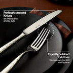 Luciella Ponza Flatware Set for 8, 45-Piece Stainless Steel Silverware Set with Serving Utensils, Timeless Hammered Design, Rust-Resistant, Mirror Polished & Dishwasher Safe