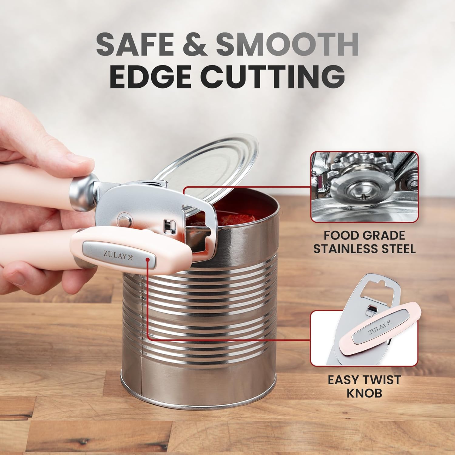 Zulay Kitchen Heavy Duty Stainless Steel Can Opener Manual with Bottle Opener - Rust Proof Manual Can Opener With Turn Knob & Comfy Soft Grip Handles - Peach
