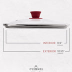 Cuisinel Square Glass Lid for Grill Pans with Steam Vent Hole - 10.5"-inch/26.67cm - Fits Lodge Cast Iron - Fully Assembled Universal Replacement Cover - Tempered and Oven Safe - Reinforced Stainless