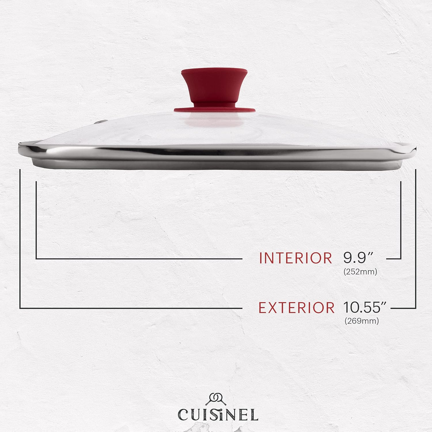 Cuisinel Square Glass Lid for Grill Pans with Steam Vent Hole - 10.5"-inch/26.67cm - Fits Lodge Cast Iron - Fully Assembled Universal Replacement Cover - Tempered and Oven Safe - Reinforced Stainless