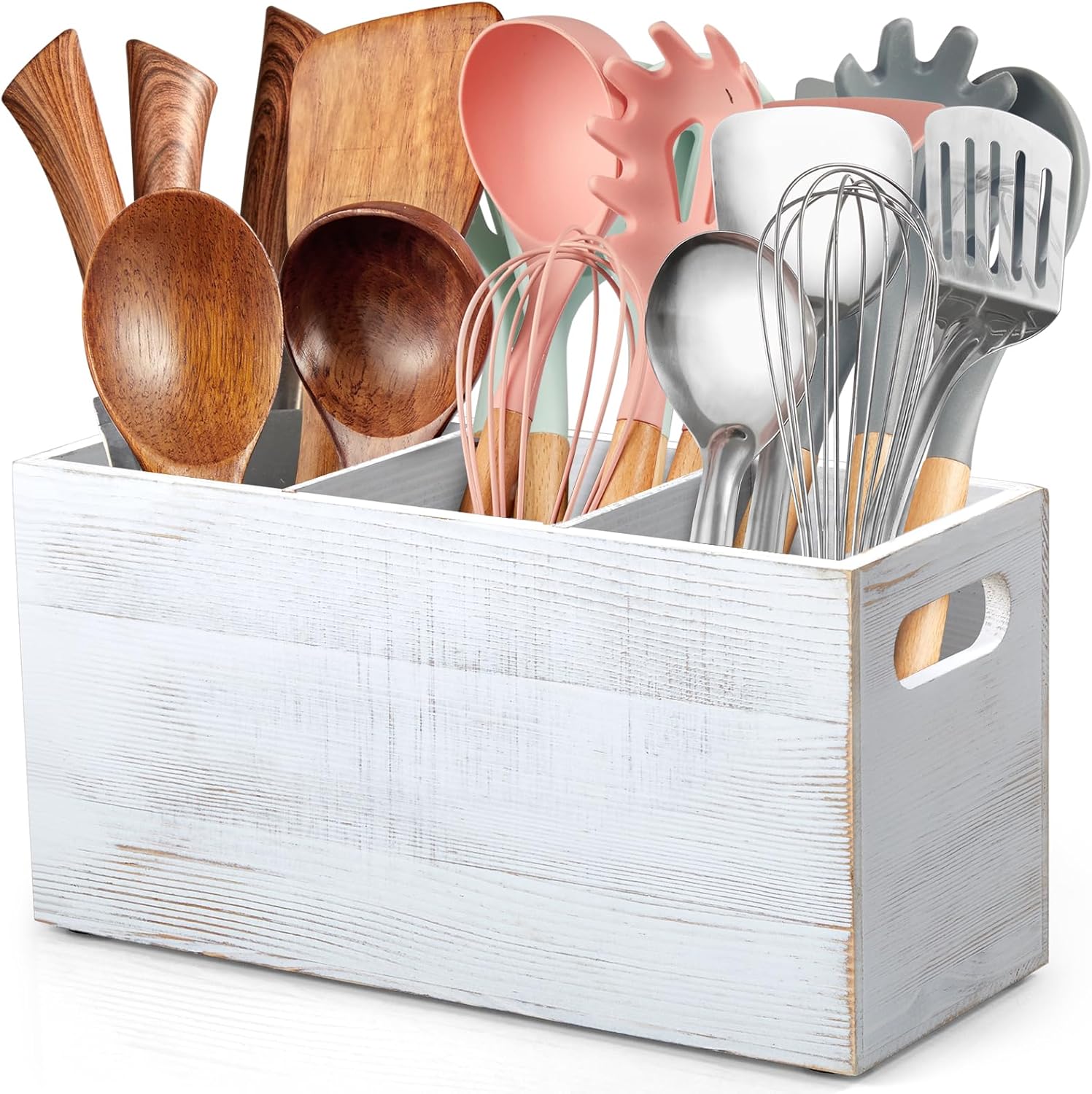 ALELION Rustic White Utensil Holder with Removable Divider - 3 Compartment Wooden Utensil Caddy Organizer for Kitchen Counter - Cooking Utensil Crock for Countertop