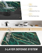 Rnivvi Dish Drying Mat for Kitchen Counter, XL 15 x 24" Cute Marble Absorbent Draining Pad, Non-Slip Heat Resistant Coffee Bar Mats for Coffee Machine Station Accessories, Green Gold Dish Rack Pad
