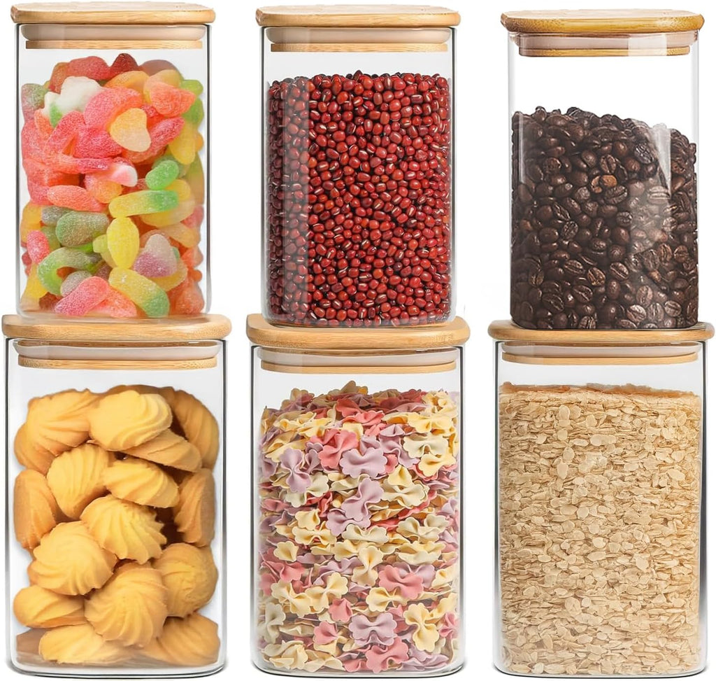 38 oz Glass Food Storage Jars with Airtight Lids, Clear Glass Jar with Bamboo Lid, Airtight Food Canister for Tea, Candy, Coffee, Sugar, Cookie, Snack. (Square| 5+6 Inch) SET of 3