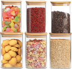 38 oz Glass Food Storage Jars with Airtight Lids, Clear Glass Jar with Bamboo Lid, Airtight Food Canister for Tea, Candy, Coffee, Sugar, Cookie, Snack. (Square| 5+6 Inch) SET of 3