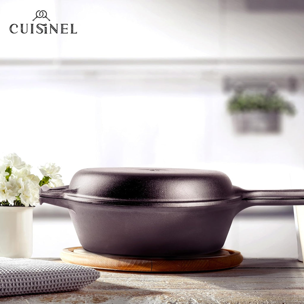 Cuisinel Cast Iron Skillet + Lid - 2-In-1 Multi Cooker - Deep Pot + Frying Pan - 3-Qt Dutch Oven - Pre-Seasoned Oven Cookware - Works for Bread, Indoor/Outdoor, Grill, Stovetop and Induction