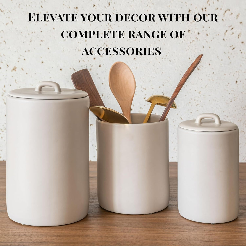 Ceramic Large Kitchen Utensil Holder for Countertop, 7"x5.9", Stable & Sturdy, Cooking Utensils Holder, Smooth & Matte Cream Color,Silicone Pads, Utensil Organizer for Kitchen Counter Decor