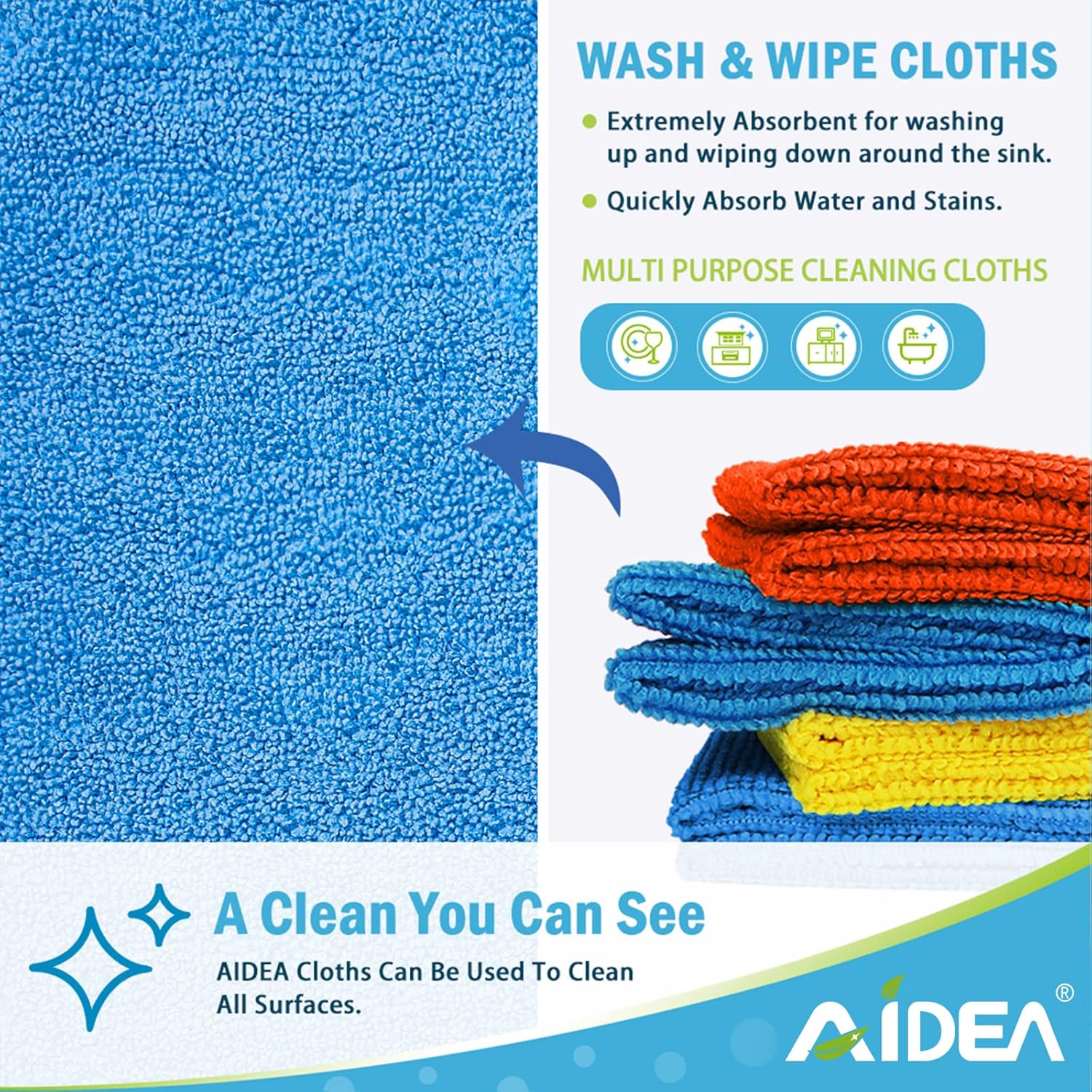 AIDEA Microfiber Cleaning Cloths 100PK, All Purpose Cleaning Supplies, Absorbent Cleaning Rags, Lint Free Microfiber Towels, Wash Cloth for House, Kitchen, Car, Window, 12"×12"