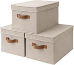 StorageWorks Large Storage Bins with Lids, Decorative Storage Boxes with Lid and PU Handles, Foldable Storage Baskets for Closet, Shelves, Stackable, Brown and Beige, 3-Pack