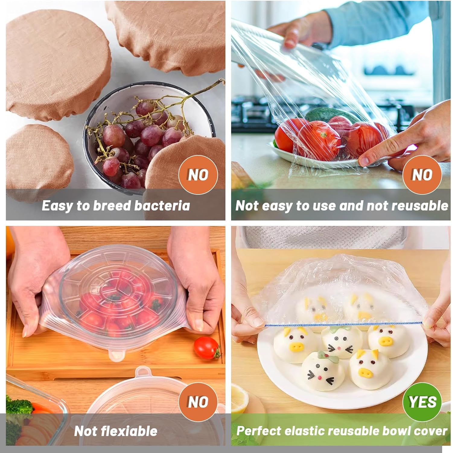 200Pcs Reusable Plastic Bowl Covers - 5 Sizes With Elastic, Food Grade Safe Material