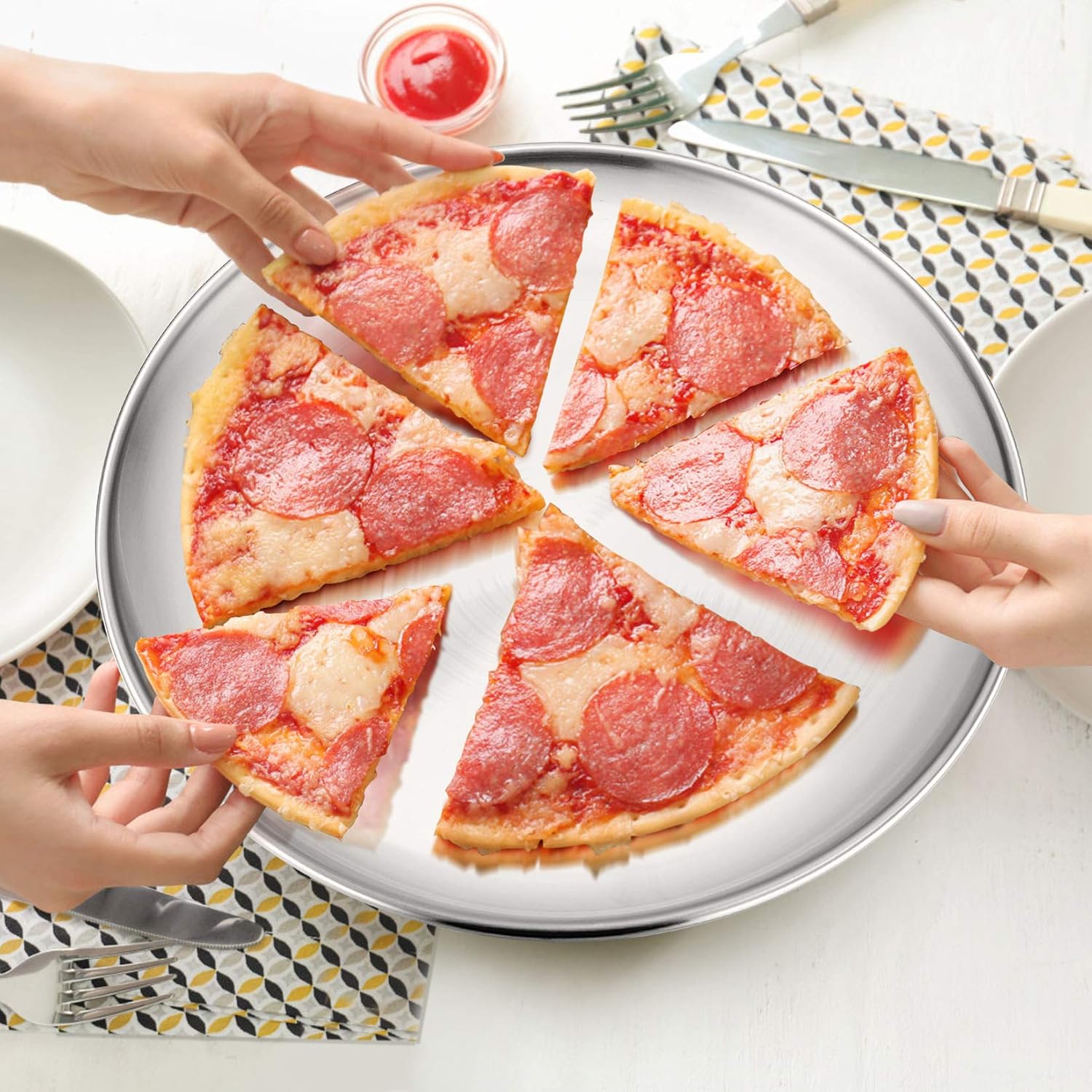 P&P CHEF 12 Inch Pizza Pan, 3 Pieces Stainless Steel Round Pizza Tray Dish Plate For Oven Baking Roasting, Healthy & Heavy Duty, Rust Free & Dishwasher Safe -Silver