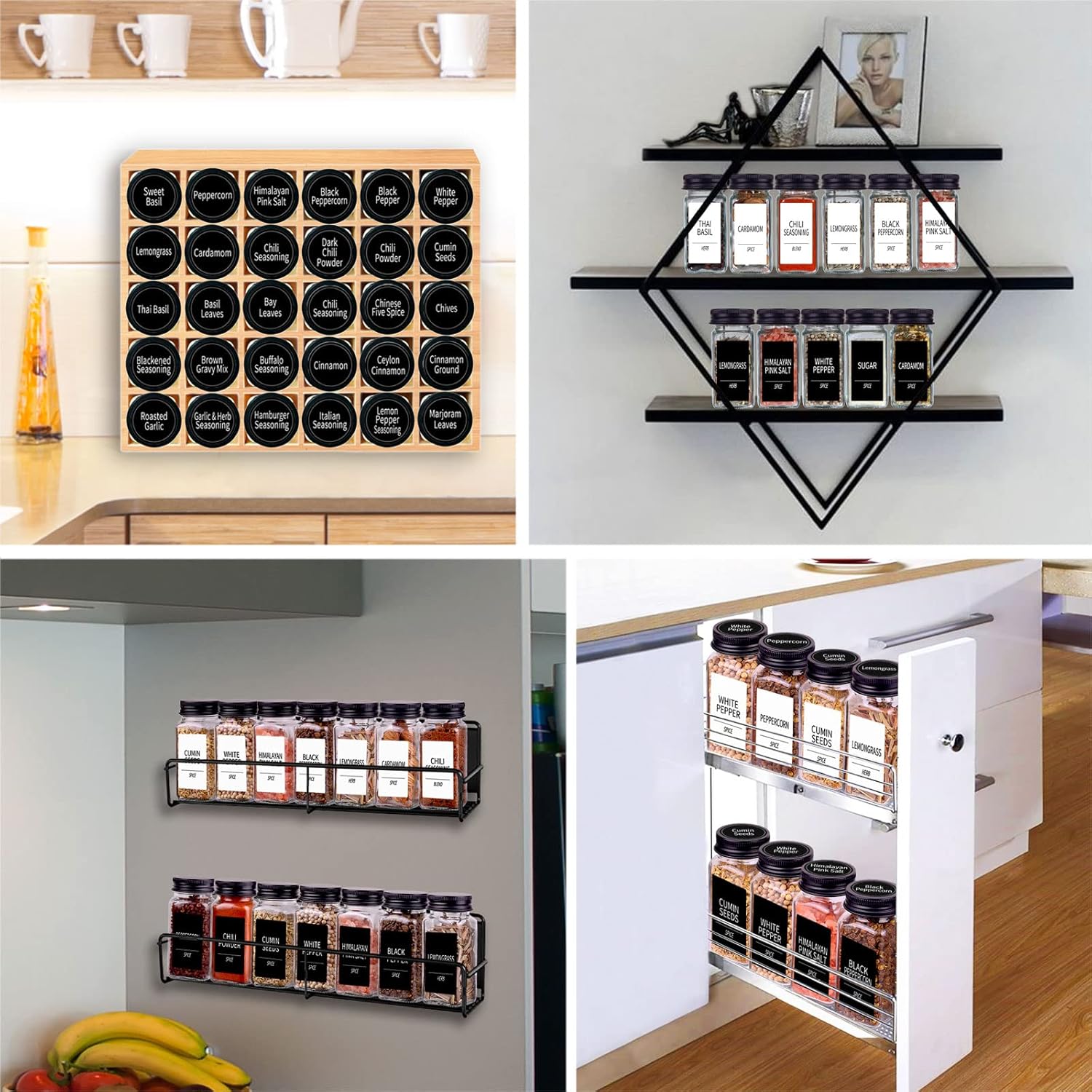 Churboro 66 Spice Jars with 547 Labels- Glass Spice Jars with Black Metal Caps, 4oz Empty Spice Containers with Shaker Lids, Funnel, Chalk Pen, Square Seasoning Bottles for Spice Rack, Drawer, Cabinet