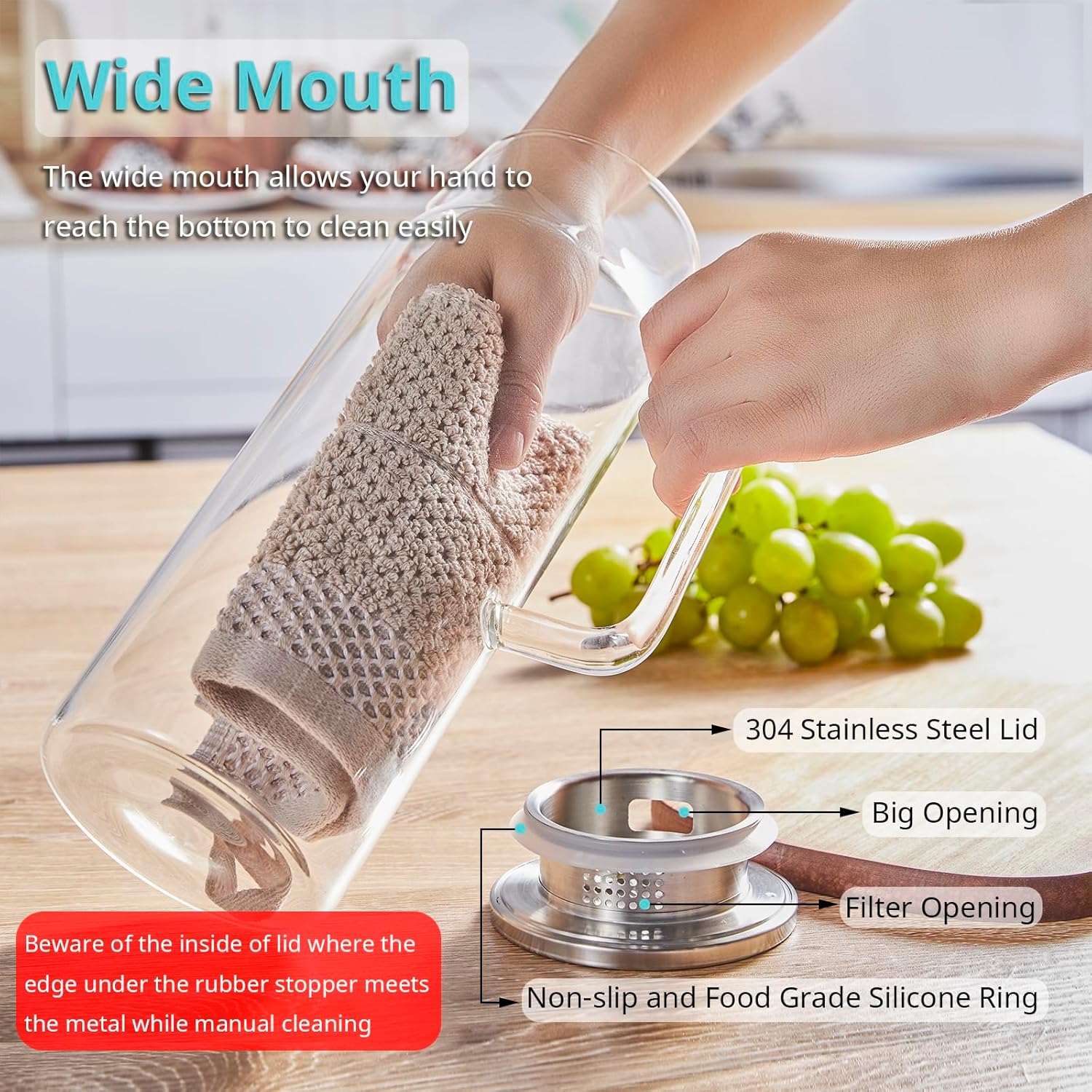 1.6 Liter 54 oz Glass Pitcher with Lid and Spout, Bivvclaz Glass Carafe Water Pitcher for Hot/Cold Water, Iced Tea, Drinks, Coffee, Juice and Homemade Beverage