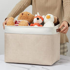 DULLEMELO 2-Pack Large Storage Baskets for Organizing 16"x12"x12" Canvas Fabric Storage Basket Bins With Leather Handles for Shelf Clothes Empty Gift Basket (White&Khaki)