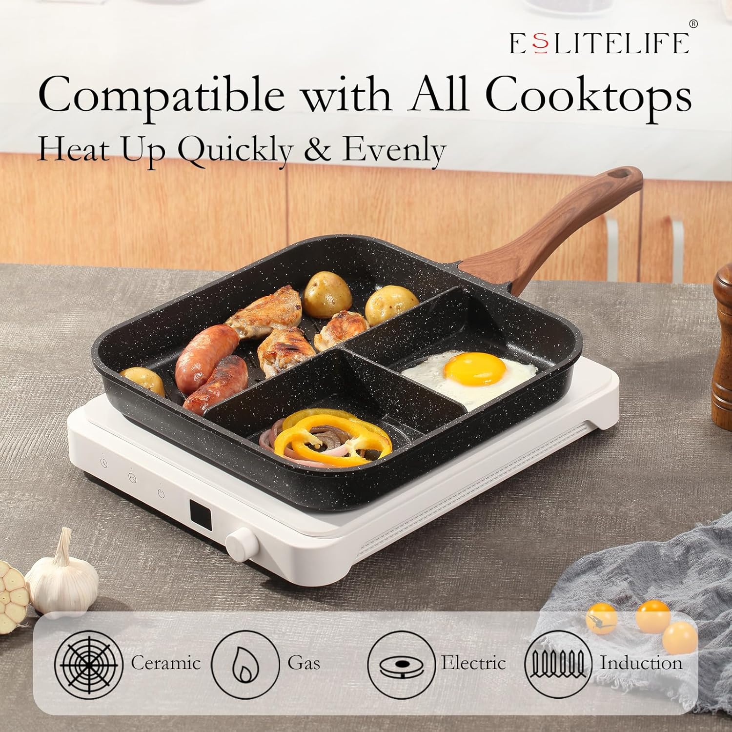 ESLITE LIFE 11 Inch Nonstick Divided Grill Pan with Lid for Indoor Cooking, Versatile 3-In-1 Induction Large Breakfast Pan for Stove Tops, PTFE & PFOA Free, Black