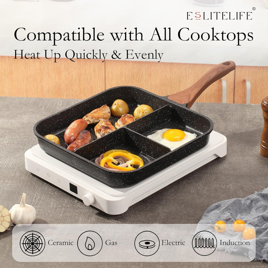 ESLITE LIFE 11 Inch Nonstick Divided Grill Pan for Indoor Cooking, Versatile 3-In-1 Induction Large Breakfast Pan for Stove Tops, PTFE & PFOA Free, Black