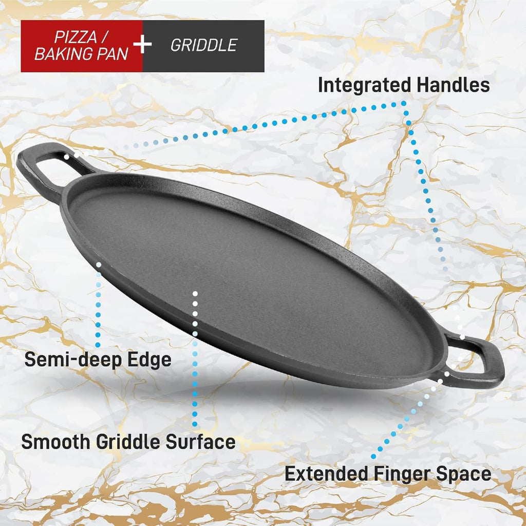 NutriChef 13-Inch Flat Cast Iron Pizza Pan - Versatile Pre-Seasoned Round Cooking Griddle w/ Built-In Handles for Oven, Grill, Stove, and Campfires