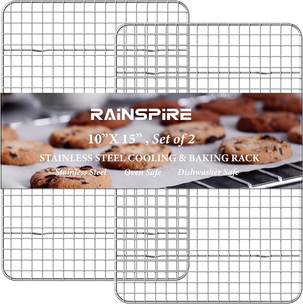 Oven-Safe Dishwasher-Safe 100% 304 Stainless Steel Cooling Rack 10" x 15" Heavy Duty Tight-Wire Set of 2 Fits Jelly Roll Pan Half Sheet Pan