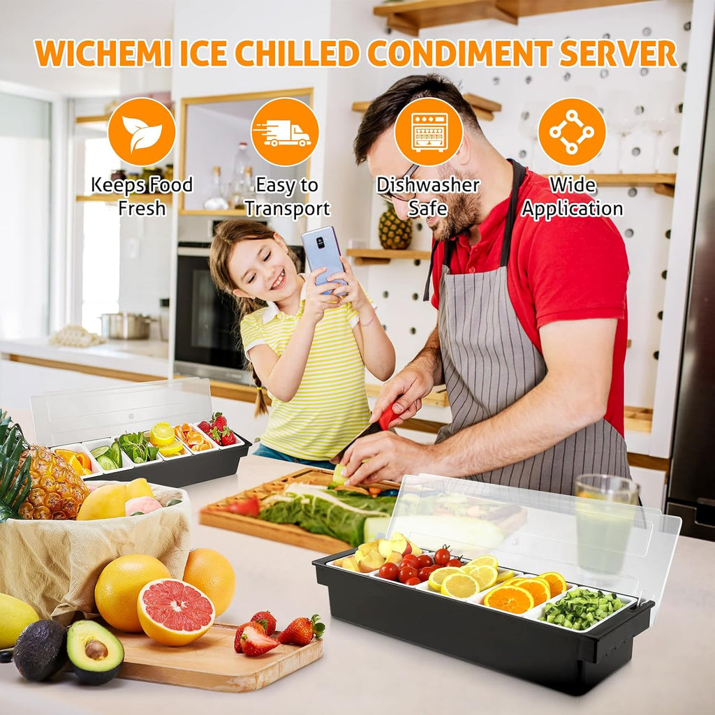 WICHEMI Fruit, Veggie & Condiment Caddy with Lid Dispenser Tray Garnish Station for Bartending & Serving Taco, Ice Cream, Salad Bar - Topping Organizer for Restaurant Supplies (5 Compartment, 2 Pack)