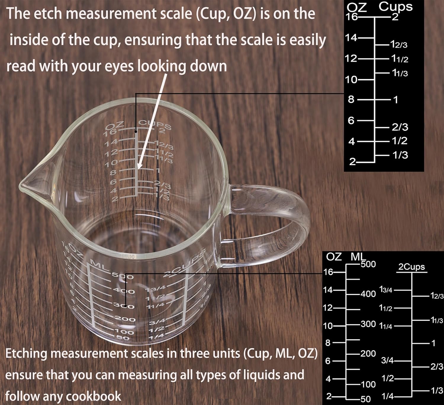 Ackers Mirror Etching Scale Glass Measuring Cup-[Insulated handle | V-Shaped Spout]-Made of High Borosilicate Glass Measuring Cup for Kitchen or Restaurant, Easy to Read, 500 ML (16 Oz, 2 Cup)