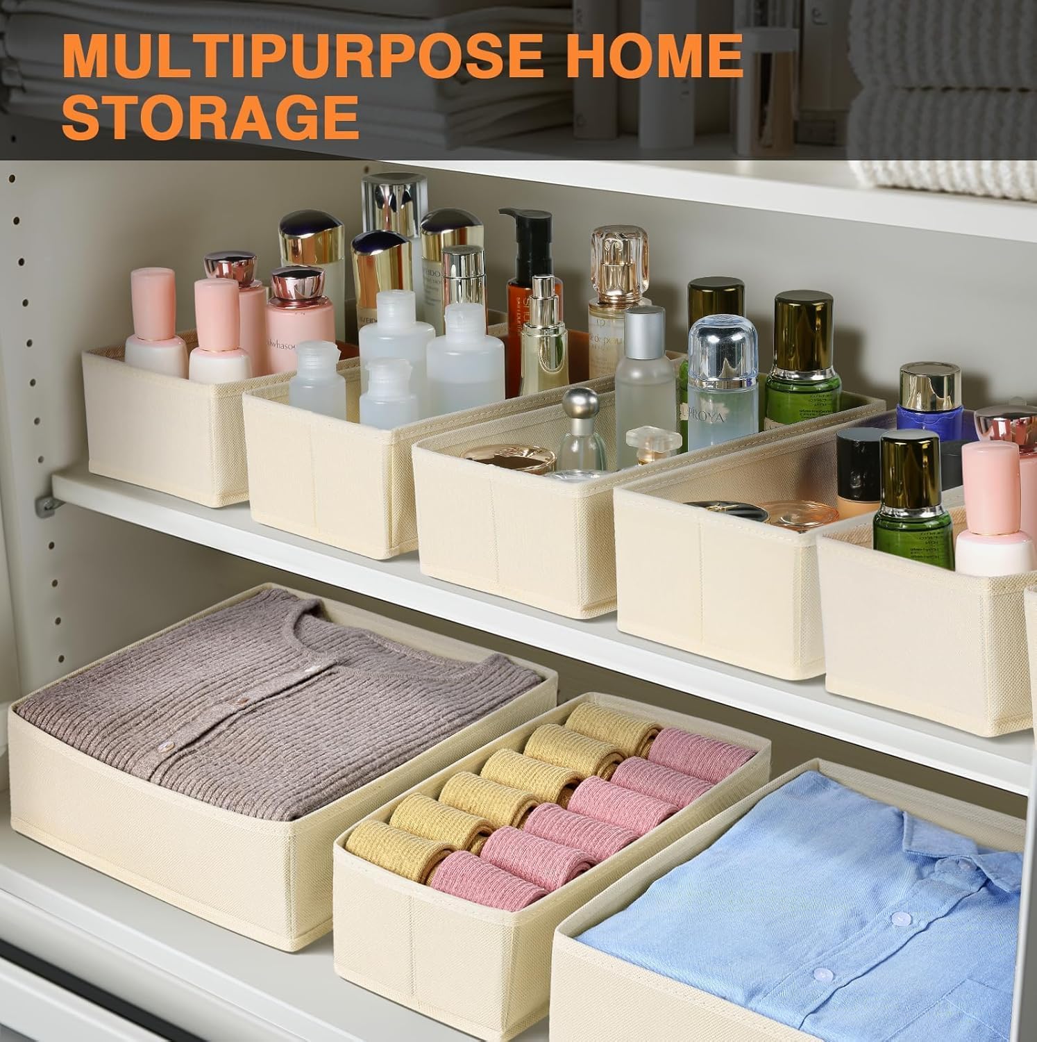 DIMJ Drawer Organizer Clothes 6 Pack - Foldable Baby Organizers and Storage & Dresser Organizer for Bedroom, Closet - Nursery Organization Dresser Dividers for underwear, Sock,Bra, Belt, Tie, Beige
