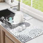 Findosom 2PCS 12" x 20" Dish Drying Mat & 24" x 5.5" Sink Splash Guard, Super Absorbent & Cuttable Dish Mat Drying Kitchen Mat with Gray Floral, Hide Stain Drying Mat for Kitchen Counter