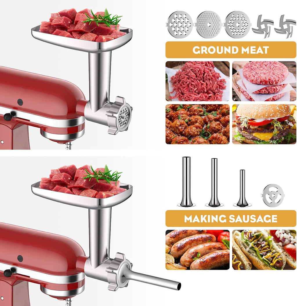 Meat Grinder & Stainless Steel Slicer Shredder Attachment for KitchenAid Stand Mixer, Meat Grinder Attachment with Sausage Stuffing Set and Cheese Grater, For Kitchenaid Mixer Attachments