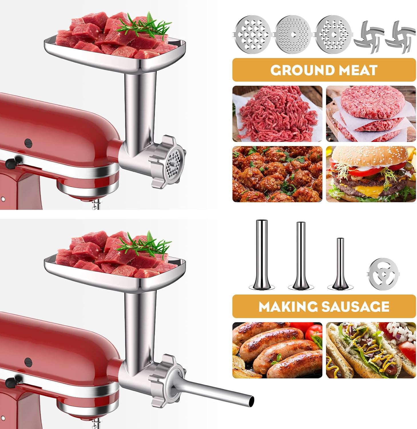 Meat Grinder & Stainless Steel Slicer Shredder Attachment for KitchenAid Stand Mixer, Meat Grinder Attachment with Sausage Stuffing Set and Cheese Grater, For Kitchenaid Mixer Attachments