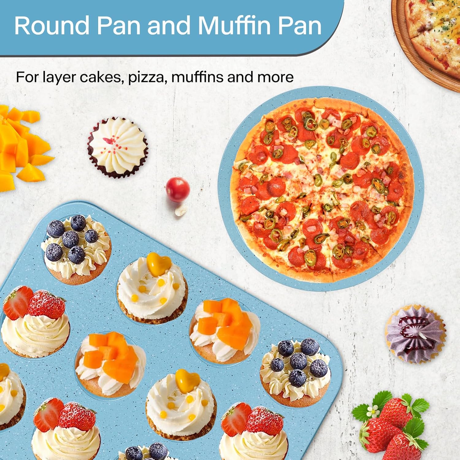 6-Pieces Baking Pans Set Nonstick, Bakeware Sets Stackable, Carbon Steel Oven Baking Set Easy to Use, Unique Blue Baking Sheet Set for Kitchen