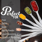 Zulay Heavy Duty Stainless Steel Measuring Spoons with Easy to Read, Slim Design for Narrow Spice Jars, 6 Piece Measuring Spoons with Etched Markings & Removable Clasp, Table Spoons Measuring Spoon