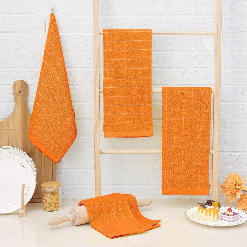 Homaxy 100% Cotton Terry Kitchen Towels(Orange, 13 x 28 inches), Checkered Designed, Soft and Super Absorbent Dish Towels, 6 Pack
