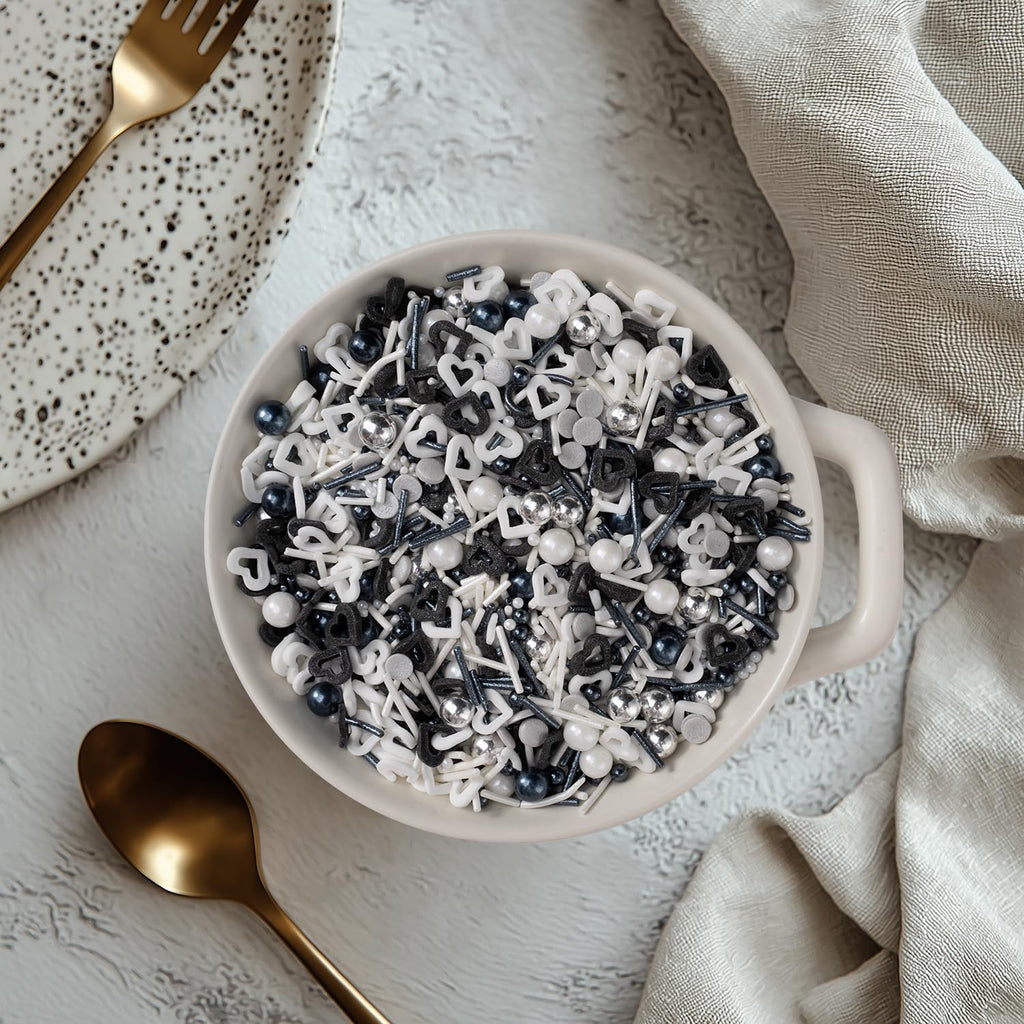 Black and White Heart Sprinkles for Cake Decorating 4.23ounce - Sugar Mix Contains Heart & Silver Pearl Sprinkles for Cupcake Toppers, Ice Cream, Candy, Cookie Decorations - Holiday Party Supplies