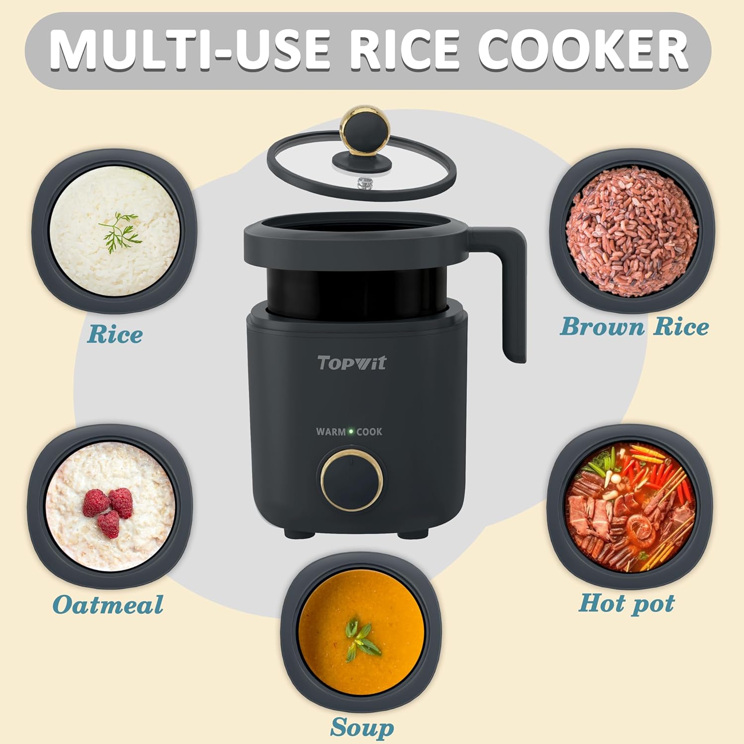 TOPWIT Rice Cooker Small, Mini Rice Cooker 2 Cups Uncooked, 1.2L Portable Rice Maker with Non-stick Coating, BPA Free, One Touch & Keep Warm Function, Grey